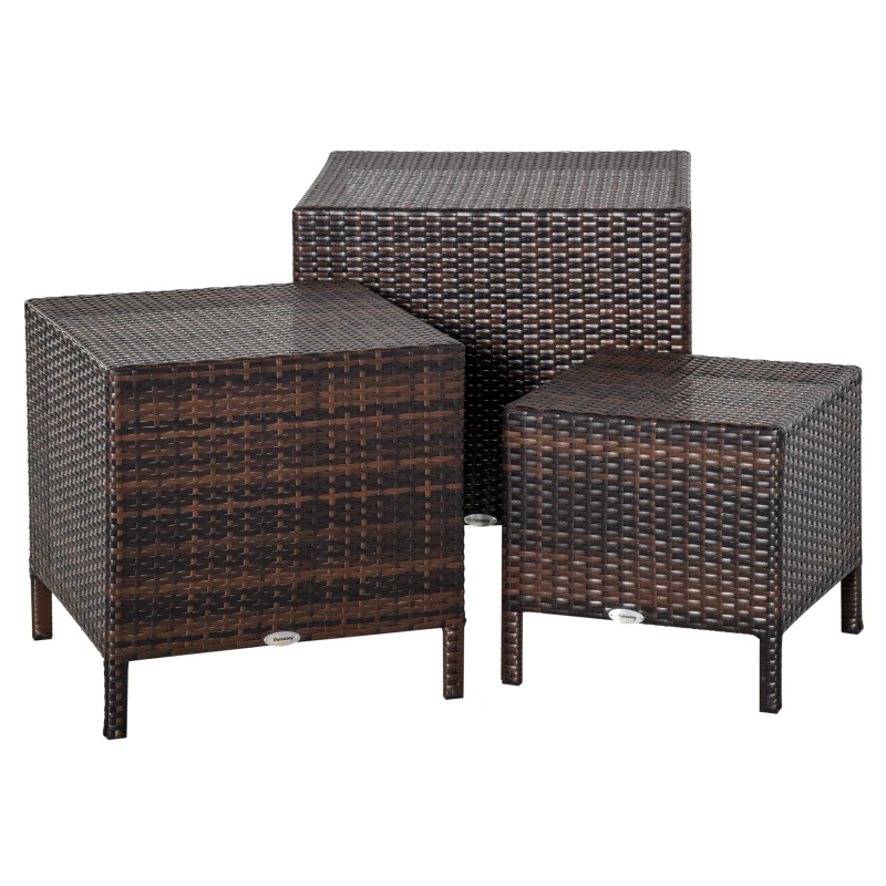 Outsunny Set of 3 Wicker Nesting Tables Patio Rattan Snack End Side Tables Hand Woven All Weather Garden Outdoor Home Furniture Brown