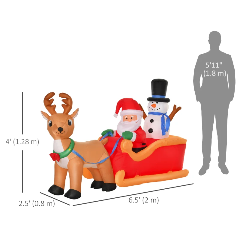 HOMCOM 6.5 ft Christmas Inflatable Santa Claus & Snowman on Sleigh with Reindeer, Blow up Christmas Decorations with LED Lights