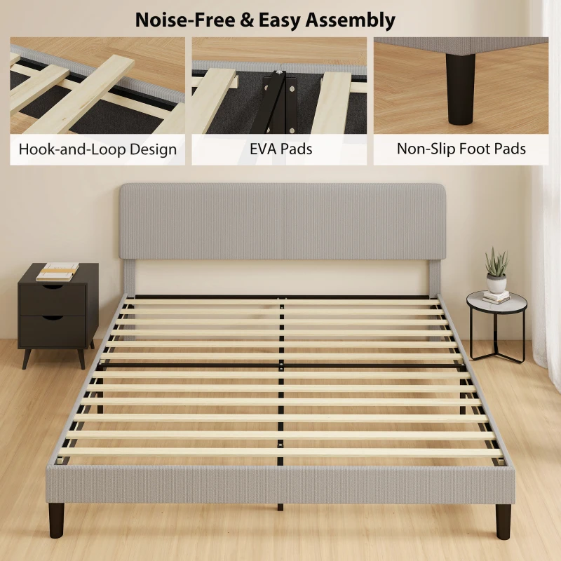 HOMCOM King Size Bed Frame with Adjustable Upholstered Headboard Platform Bed Frame Wood Slat Support Noise Free Light Grey