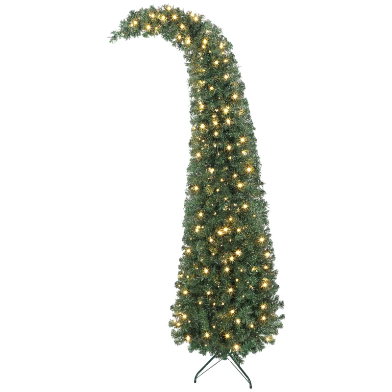 HOMCOM 7 ft Prelit Christmas Tree, Whimsical Xmas Tree Slim High Mountain Fir with 300 LEDs and Metal Stand, Green