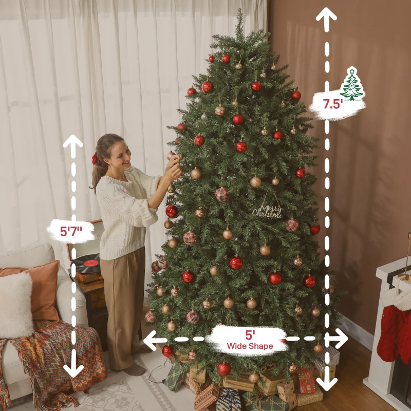 HOMCOM 7.5ft Prelit Christmas Tree with Full-Spectrum LEDs, Smart App Control, Wide Full Hinged Xmas Tree, Easy Assembly