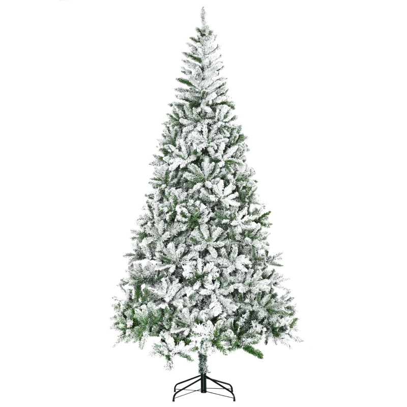 HOMCOM 9' Tall Unlit Snow Flocked Pine Artificial Christmas Tree with Realistic Branches, Green