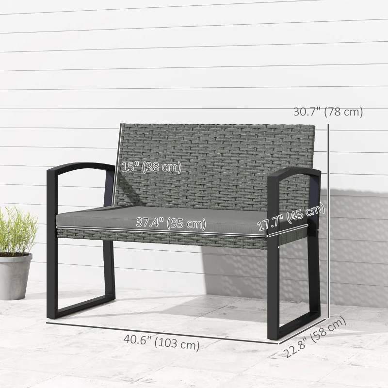 Outsunny 2 Seater Outdoor Bench, Rattan Garden Bench Loveseat with Cushion, Armrests, Steel Frame for Patio, Porch, Light Grey