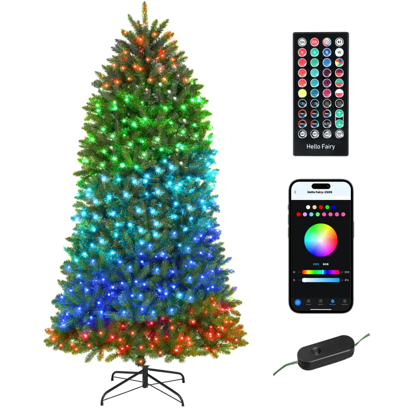 HOMCOM 7.5ft Prelit Christmas Tree with Full-Spectrum LEDs, Smart App Control, Wide Full Hinged Xmas Tree, Easy Assembly