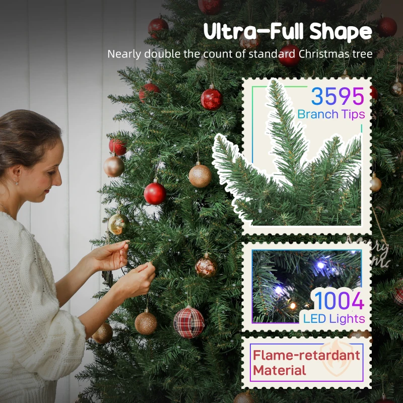 HOMCOM 9ft Prelit Christmas Tree with Full-Spectrum LEDs, Smart App Control, Wide Full Hinged Xmas Tree, Easy Assembly