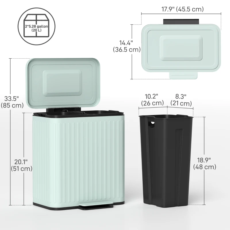HOMCOM Trash Can, 2 x 5.3 Gallon (2 x 20 L) Garbage Can with Soft-Close Lid, Removable Inner Buckets for Kitchen Home Office