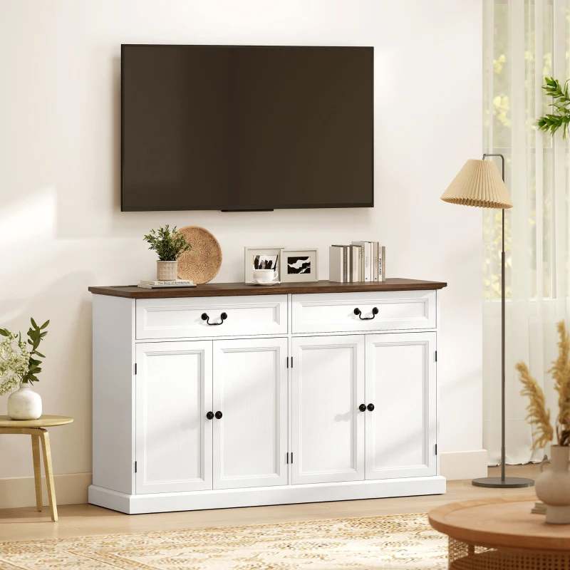 HOMCOM Buffet Cabinet, 55" Farmhouse Sideboard with Charging Station, 2 Drawers and 2 Adjustable Shelves, White Wood Grain
