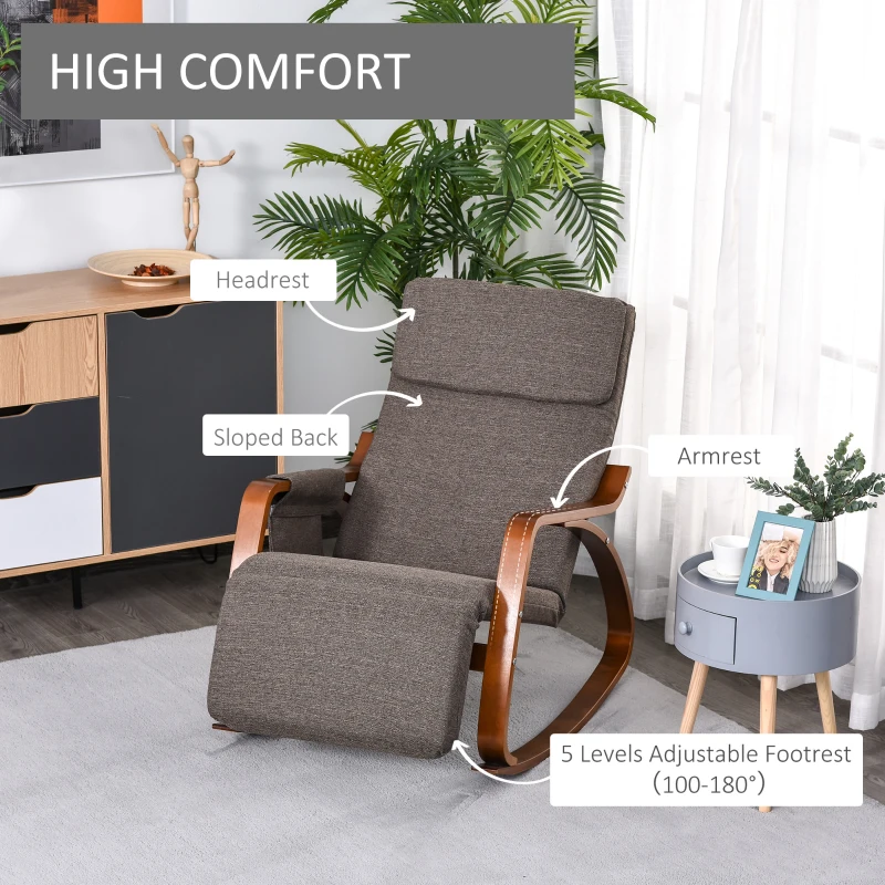 HOMCOM Rocking Chair with Adjustable Footrest, Padded Cushion, Removable Side Pocket & Soft Pillow for Living Room, Bedroom, Natural Wood frame Linen Touch, Brown