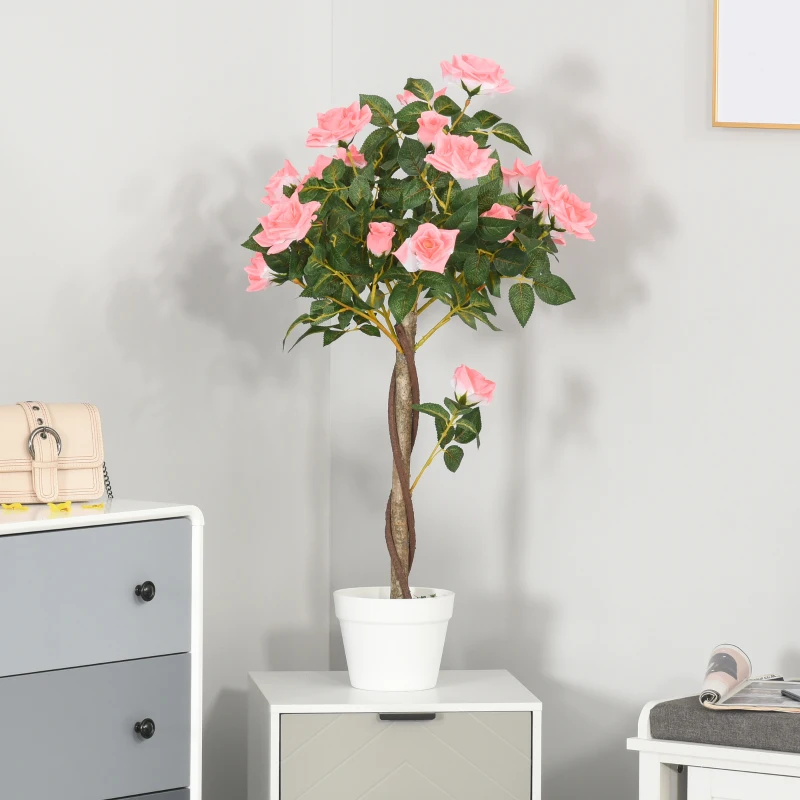 Outsunny 3FT Artificial Plant Pink Rose Floral in Pot, Fake Plant for Home Indoor Decor
