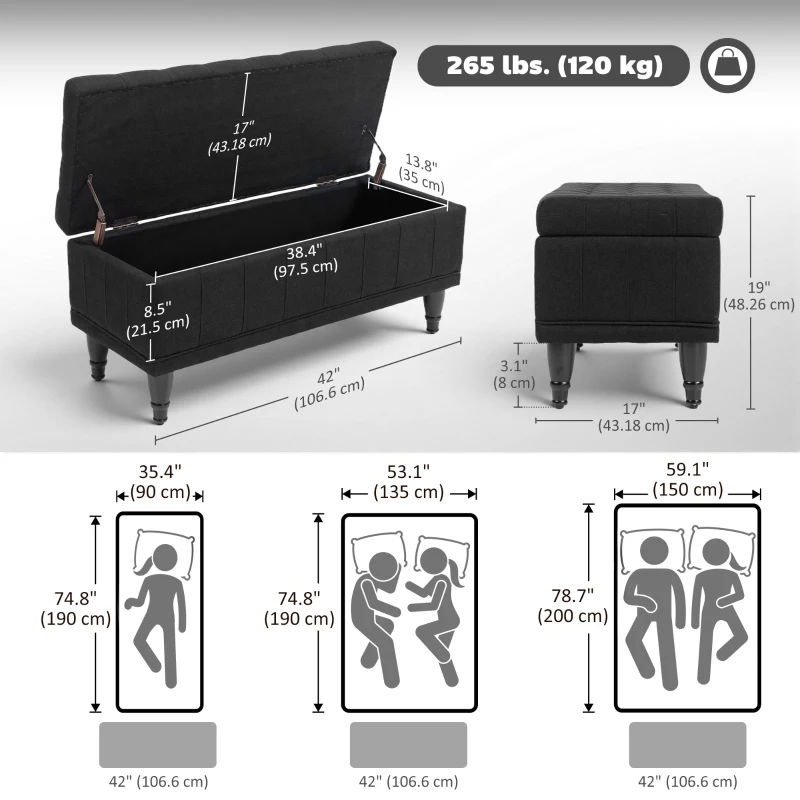 HOMCOM Storage Ottoman, Linen Fabric End of Bed Bench with Button Tufted Storage Bench for Bedroom, Black