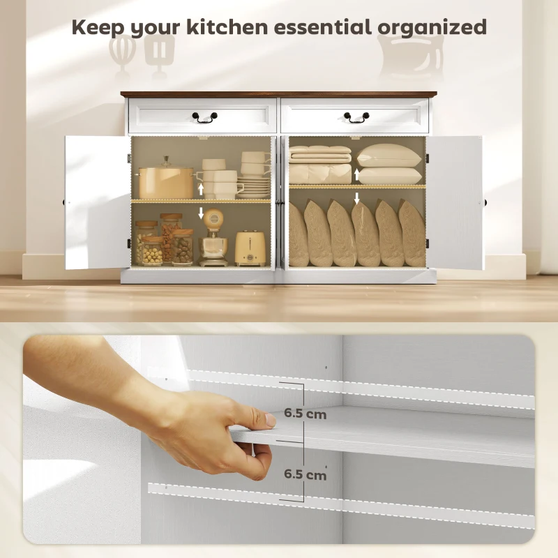 HOMCOM Buffet Cabinet, 55" Farmhouse Sideboard with Charging Station, 2 Drawers and 2 Adjustable Shelves, White Wood Grain