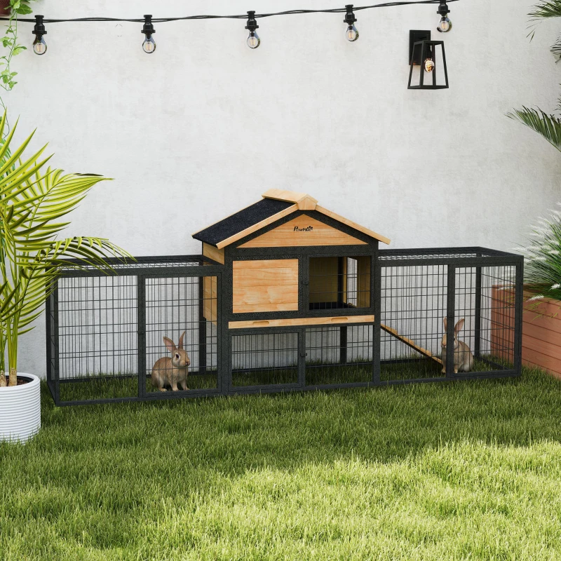 PawHut Wooden Rabbit Hutch Outdoor, 85" Large Bunny Cage with Steel Run, Removable Plastic Tray, Asphalt Roof, Ramp