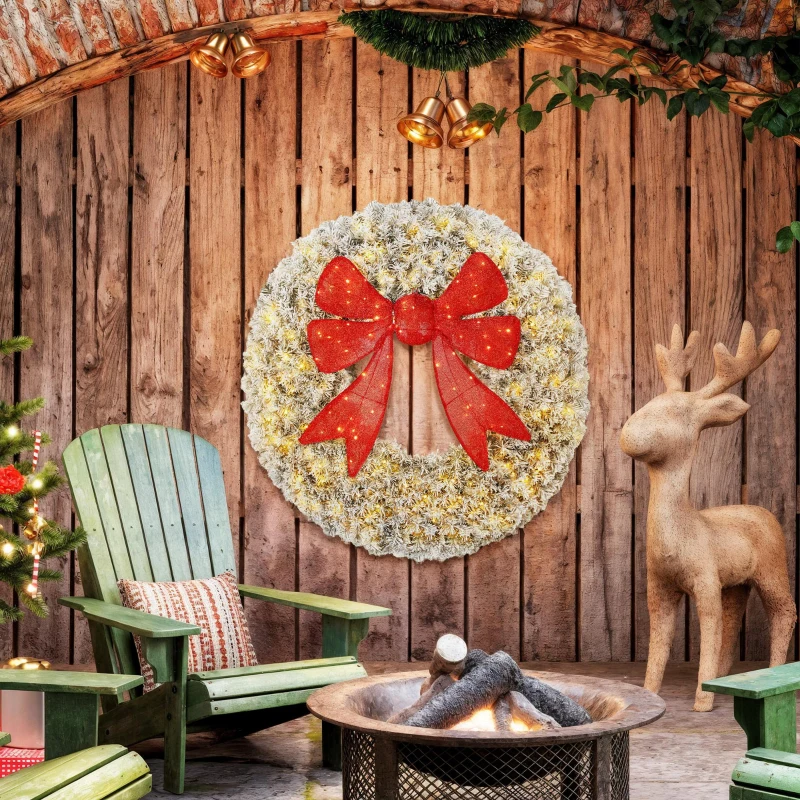 HOMCOM 36in Flocked Pre-Lit Christmas Wreath with 3D Red Bow, 11 Lighting Modes, Front Door Christmas Wreath with Remote