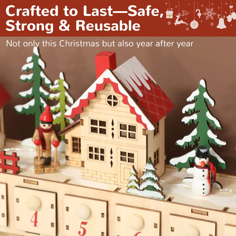 HOMCOM Christmas Advent Calendar with 24 Countdown Drawers and LED Lights, Wood-Effect Advent Calendar, Battery Operated