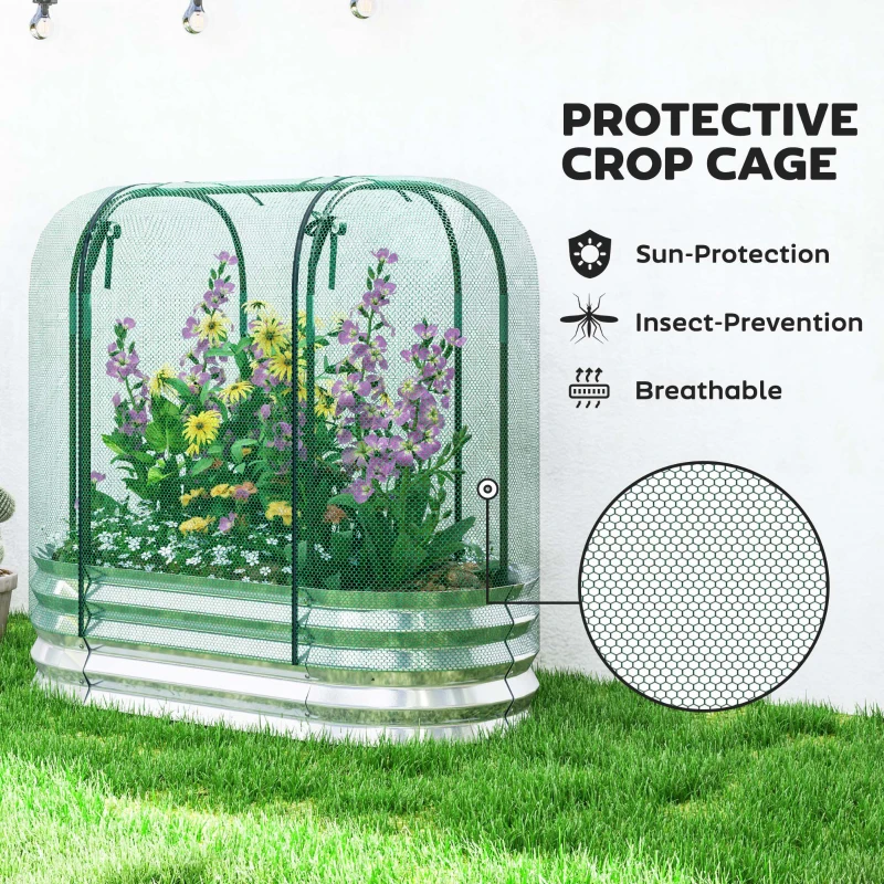 Outsunny Galvanized Raised Garden Bed with Crop Cage Protection Net Cover, Outdoor Planter Box for Vegetables, Flowers, Herbs