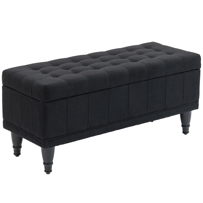 HOMCOM Storage Ottoman, Linen Fabric End of Bed Bench with Button Tufted Storage Bench for Bedroom, Black