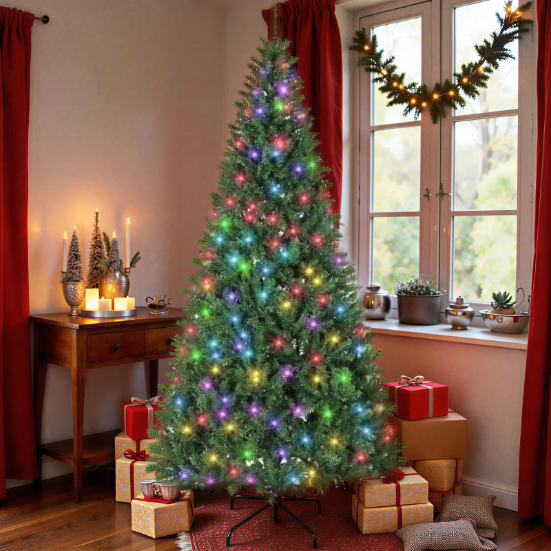 HOMCOM 7.5ft Prelit Christmas Tree with RGB Dynamic LEDs, Remote Control, Daily Timer, Hinged Xmas Tree, Easy Assembly