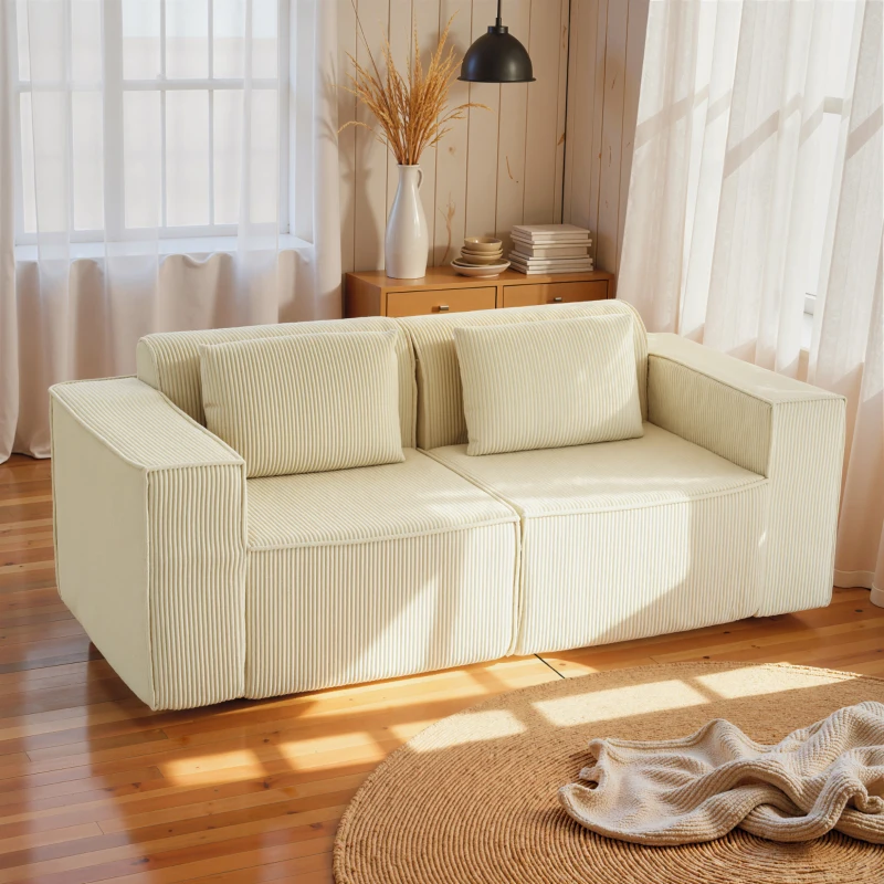 HOMCOM Boneless Couch, Corduroy 3 Seater Sofa with Deep Seat, Wide Armrests, 2 Pillows, Quick Assembly for Living Room, Beige