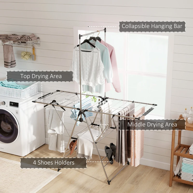 HOMCOM Clothes Drying Rack, Foldable Stainless Steel Laundry Drying Rack with Adjustable Gullwings and Shoe Holders, Silver