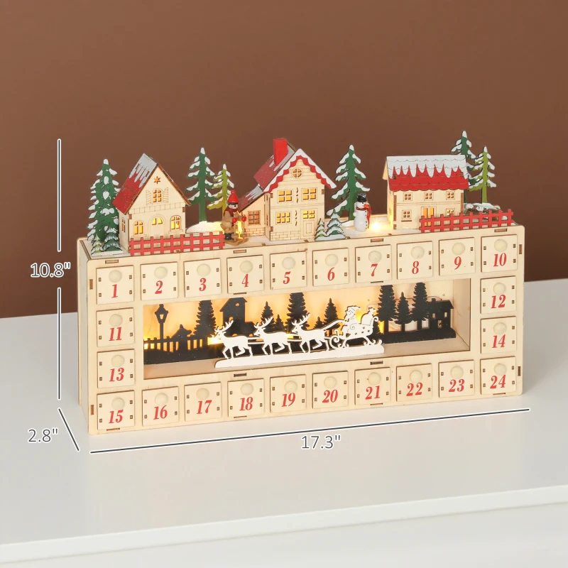 HOMCOM Christmas Advent Calendar with 24 Countdown Drawers and LED Lights, Wood-Effect Advent Calendar, Battery Operated