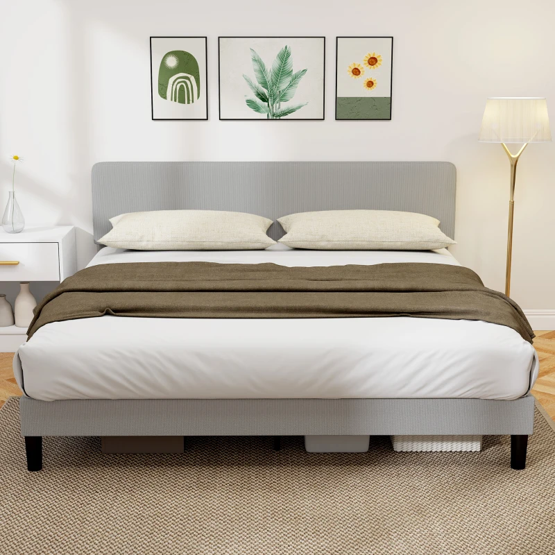 HOMCOM King Size Bed Frame with Adjustable Upholstered Headboard Platform Bed Frame Wood Slat Support Noise Free Light Grey