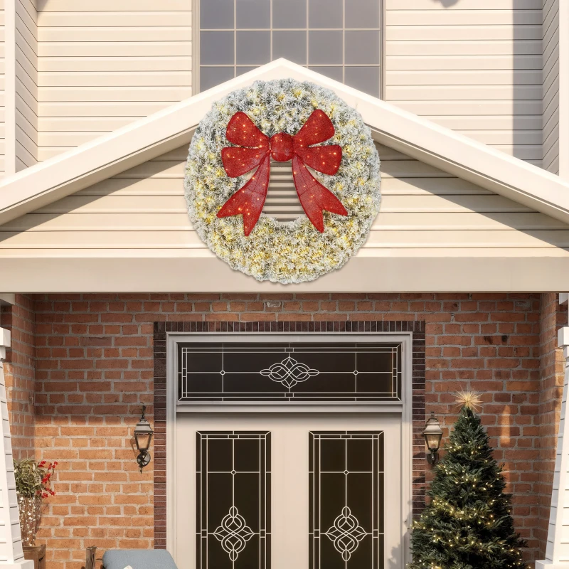 HOMCOM 60in Flocked Pre-Lit Christmas Wreath with 3D Red Bow, 11 Lighting Modes, Front Door Christmas Wreath with Remote