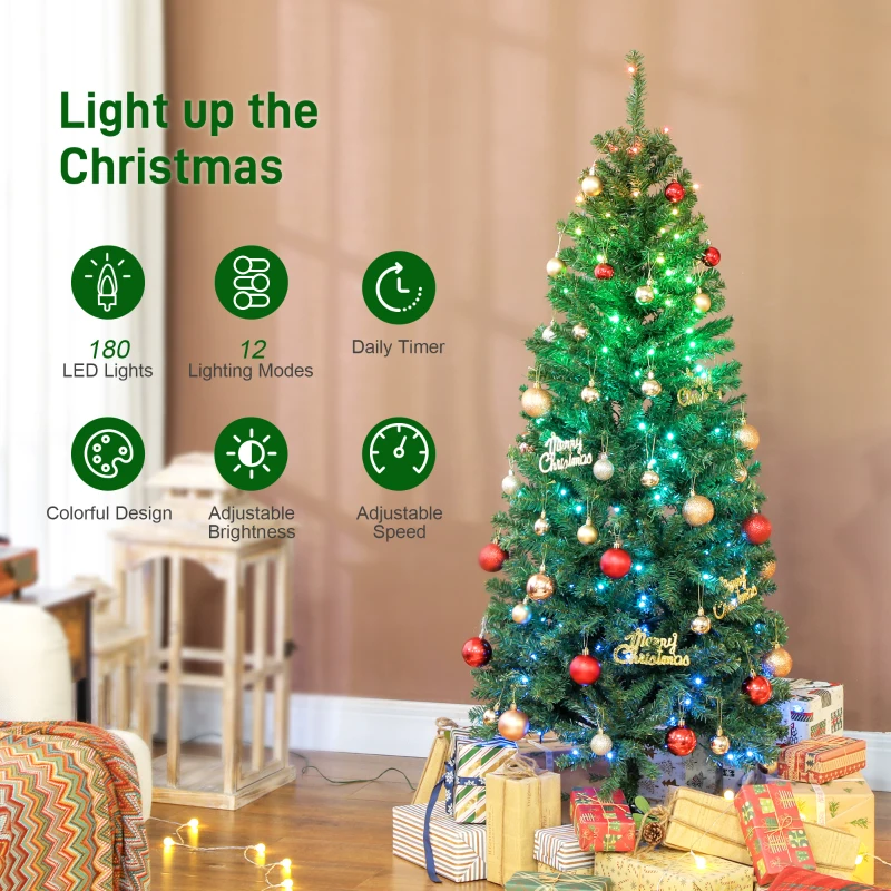 HOMCOM 5ft Artificial Christmas Tree with Colorful DIY Synchronized Lights, Remote, Hinged Slim Fir with Daily Timer