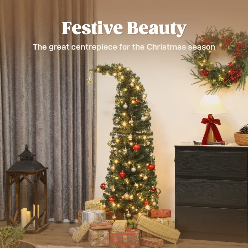 HOMCOM 5 ft Prelit Christmas Tree, Whimsical Xmas Tree Slim High Mountain Fir with 100 LEDs and Metal Stand, Green