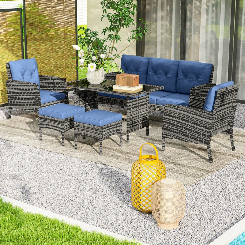 Outsunny 6 Piece Patio Furniture Set with Patio Chairs, Ottomans, Sofa, Glass Top Table and Cushions, Wicker Rattan Outdoor Furniture Set for Backyard, Porch, Navy Blue