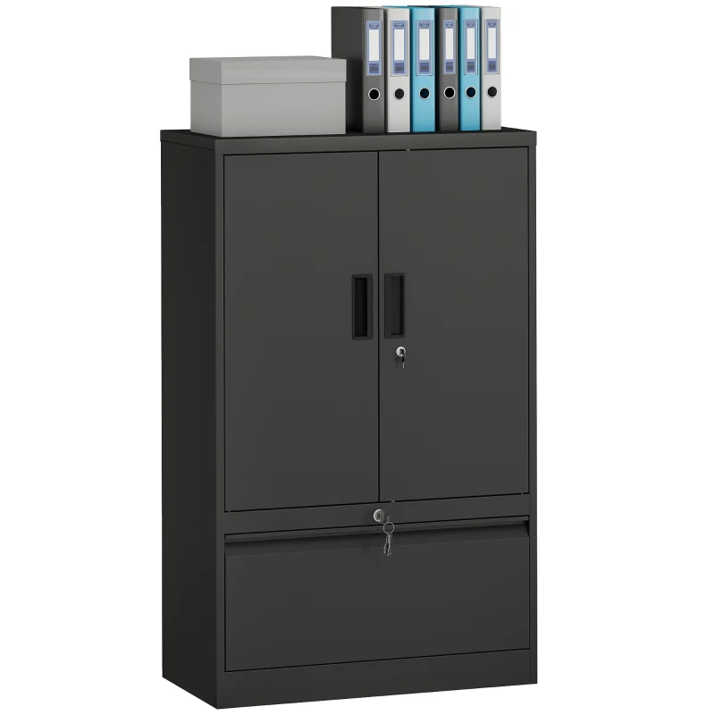 HOMCOM Lateral Filing Cabinet, Metal Storage Cabinet, Garage Cabinet with Double Locks, Adjustable Shelf and File Drawer, Black