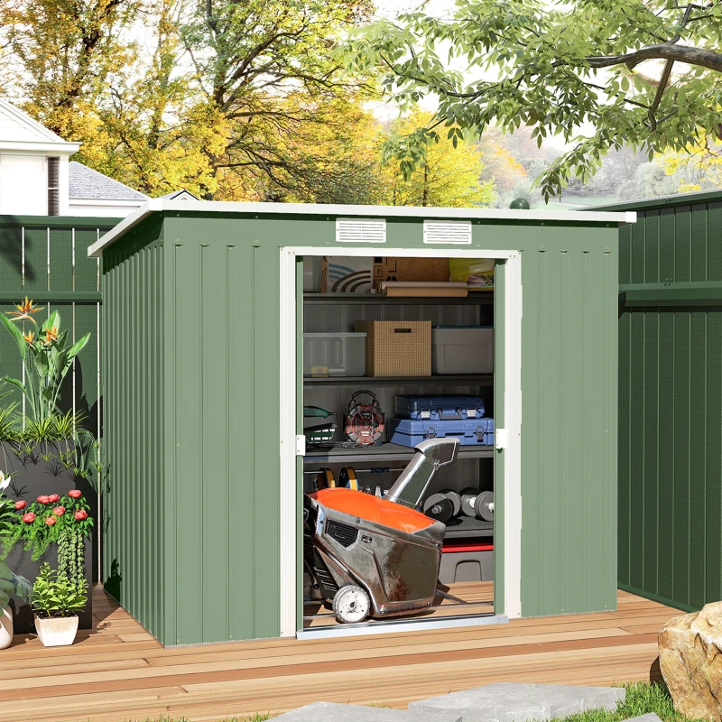 Outsunny 7' x 4' Galvanised Steel Garden Shed, with Foundation Kit - Green