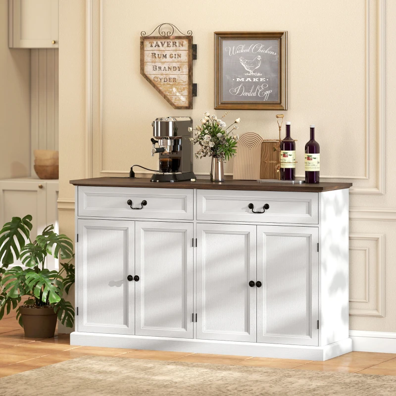 HOMCOM Buffet Cabinet, 55" Farmhouse Sideboard with Charging Station, 2 Drawers and 2 Adjustable Shelves, White Wood Grain