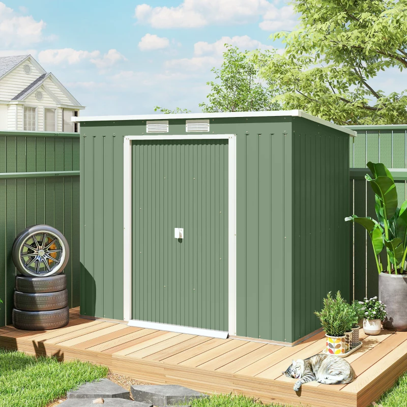 Outsunny 7' x 4' Galvanised Steel Garden Shed, with Foundation Kit - Green