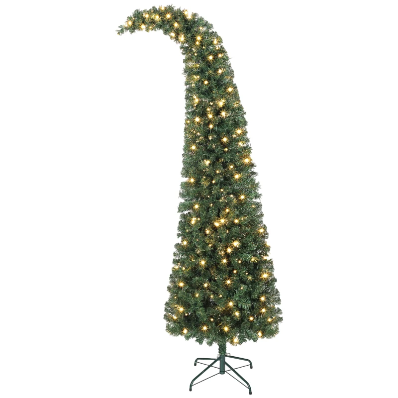 HOMCOM 7 ft Prelit Christmas Tree, Whimsical Xmas Tree Slim High Mountain Fir with 300 LEDs and Metal Stand, Green
