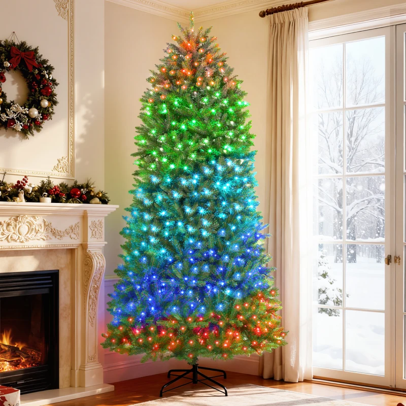 HOMCOM 9ft Prelit Christmas Tree with Full-Spectrum LEDs, Smart App Control, Wide Full Hinged Xmas Tree, Easy Assembly