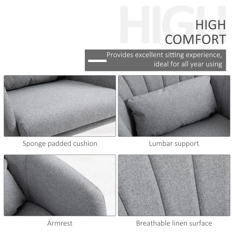HOMCOM Leisure Chair with Metal Base, Modern Swivel Linen Midback Sofa Chair with Lumbar Support, for Living Room Bedroom Office, Grey