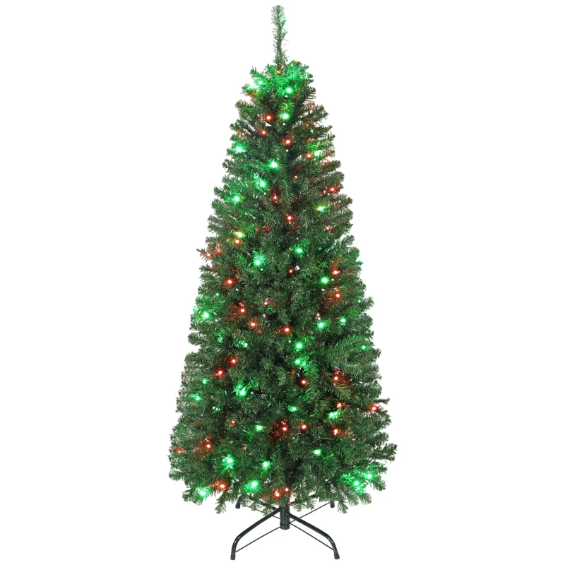 HOMCOM 5ft Artificial Christmas Tree with Colorful DIY Synchronized Lights, Remote, Hinged Slim Fir with Daily Timer