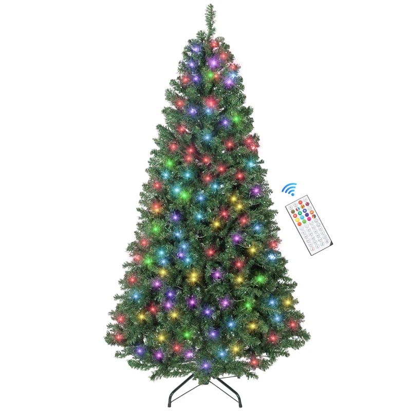 HOMCOM 6ft Prelit Christmas Tree with RGB Dynamic LEDs, Remote Control, Daily Timer, Hinged Xmas Tree, Easy Assembly