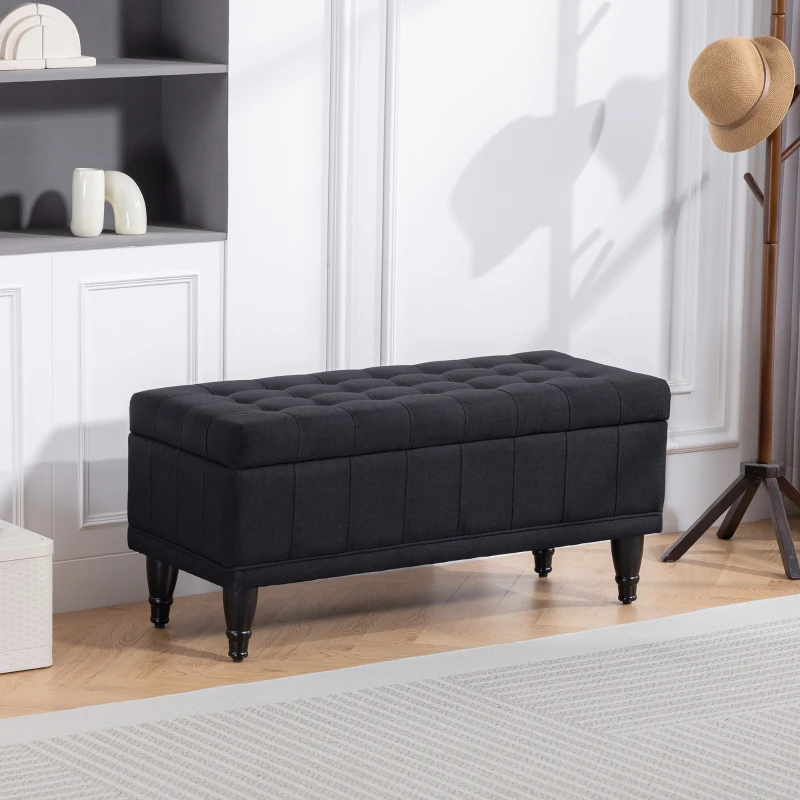 HOMCOM Storage Ottoman, Linen Fabric End of Bed Bench with Button Tufted Storage Bench for Bedroom, Black
