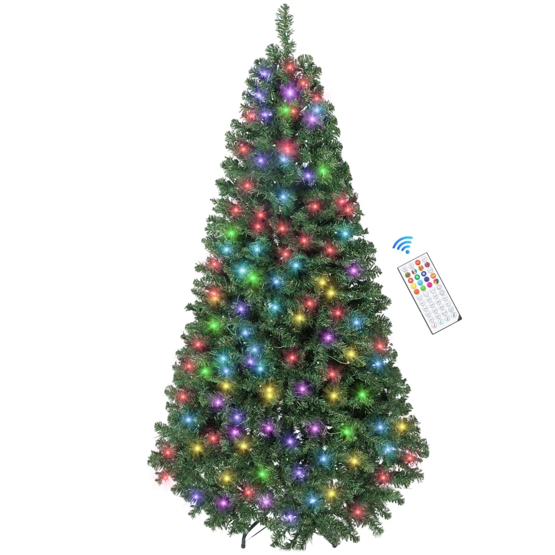 HOMCOM 6ft Prelit Christmas Tree with RGB Dynamic LEDs, Remote Control, Daily Timer, Hinged Xmas Tree, Easy Assembly