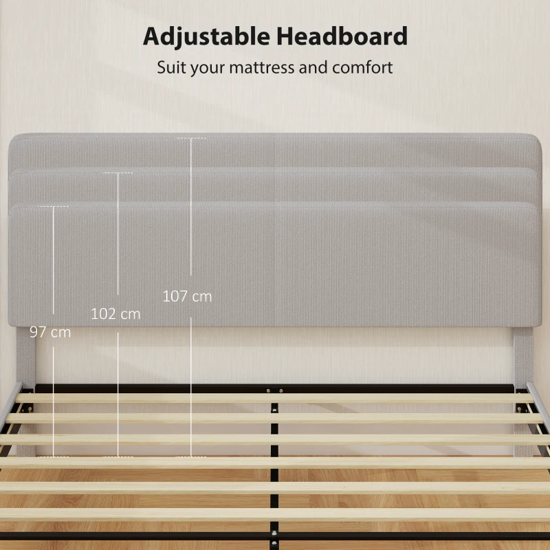 HOMCOM King Size Bed Frame with Adjustable Upholstered Headboard Platform Bed Frame Wood Slat Support Noise Free Light Grey