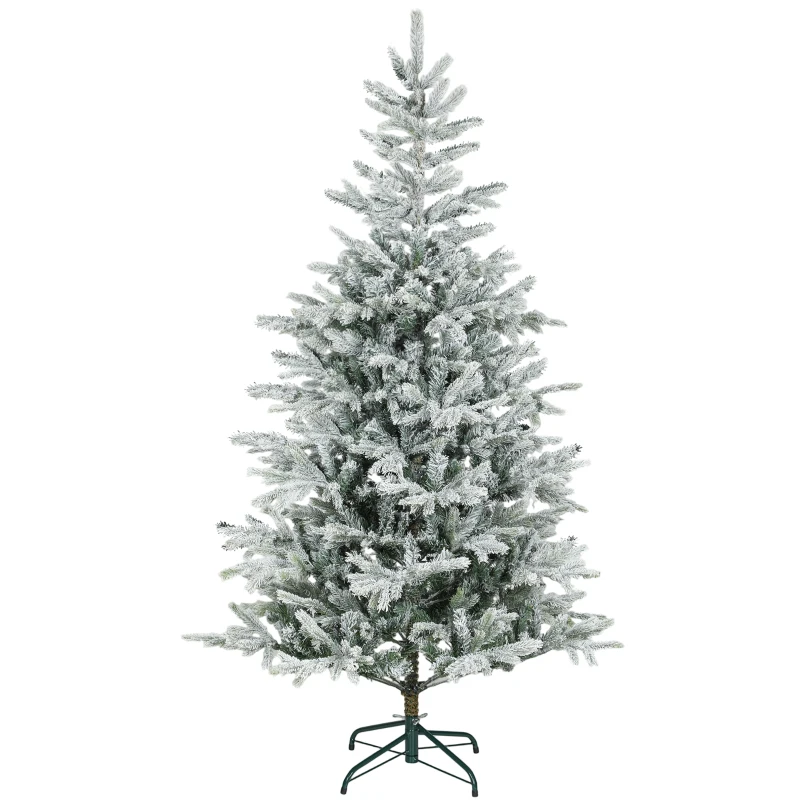 HOMCOM 6 ft Artificial Frosted Christmas Tree with Realistic Branches, Wide Full Spruce, Hinged Xmas Tree, Easy Assembly