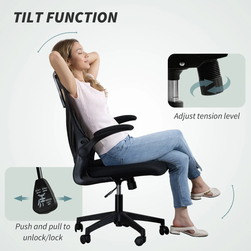 HOMCOM Ergonomic Office Chair, Swivel Desk Chair with Adjustable Lumbar Support, Headrest and Height, Flip-up Armrests, Black