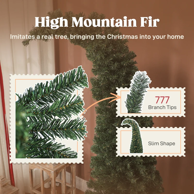 HOMCOM 7 ft Prelit Christmas Tree, Whimsical Xmas Tree Slim High Mountain Fir with 300 LEDs and Metal Stand, Green