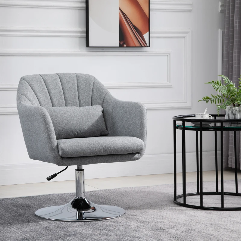 HOMCOM Leisure Chair with Metal Base, Modern Swivel Linen Midback Sofa Chair with Lumbar Support, for Living Room Bedroom Office, Grey