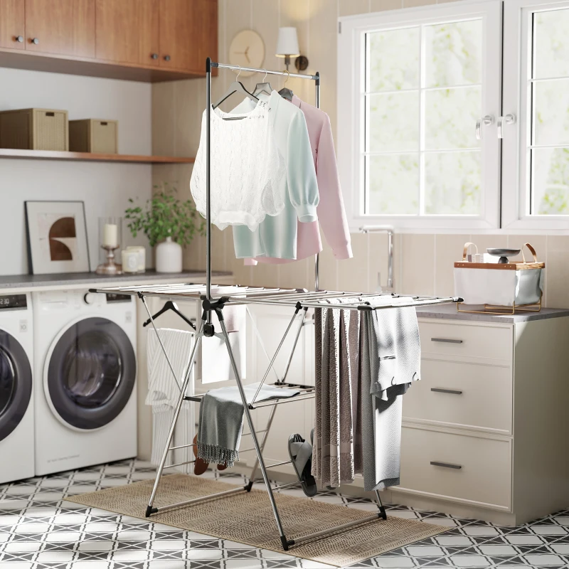 HOMCOM Clothes Drying Rack, Foldable Stainless Steel Laundry Drying Rack with Adjustable Gullwings and Shoe Holders, Silver