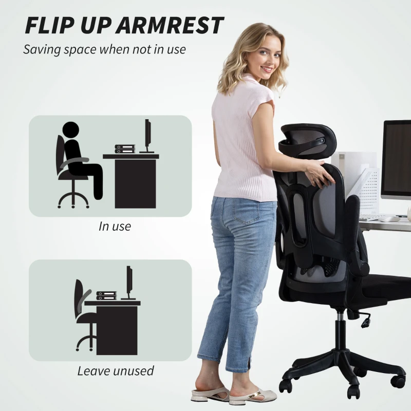HOMCOM Ergonomic Office Chair, Swivel Desk Chair with Adjustable Lumbar Support, Headrest and Height, Flip-up Armrests, Black