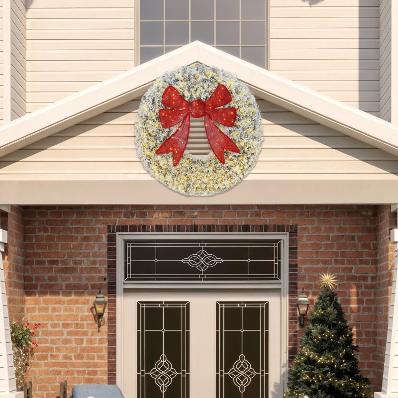 HOMCOM 48in Flocked Pre-Lit Christmas Wreath with 3D Red Bow, 11 Lighting Modes, Front Door Christmas Wreath with Remote