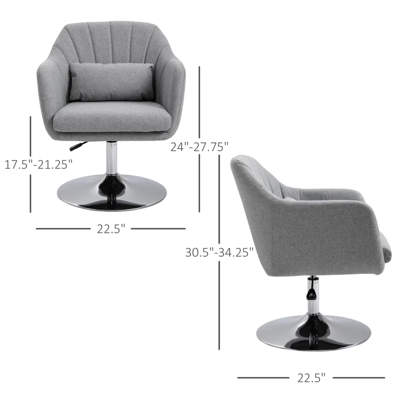 HOMCOM Leisure Chair with Metal Base, Modern Swivel Linen Midback Sofa Chair with Lumbar Support, for Living Room Bedroom Office, Grey