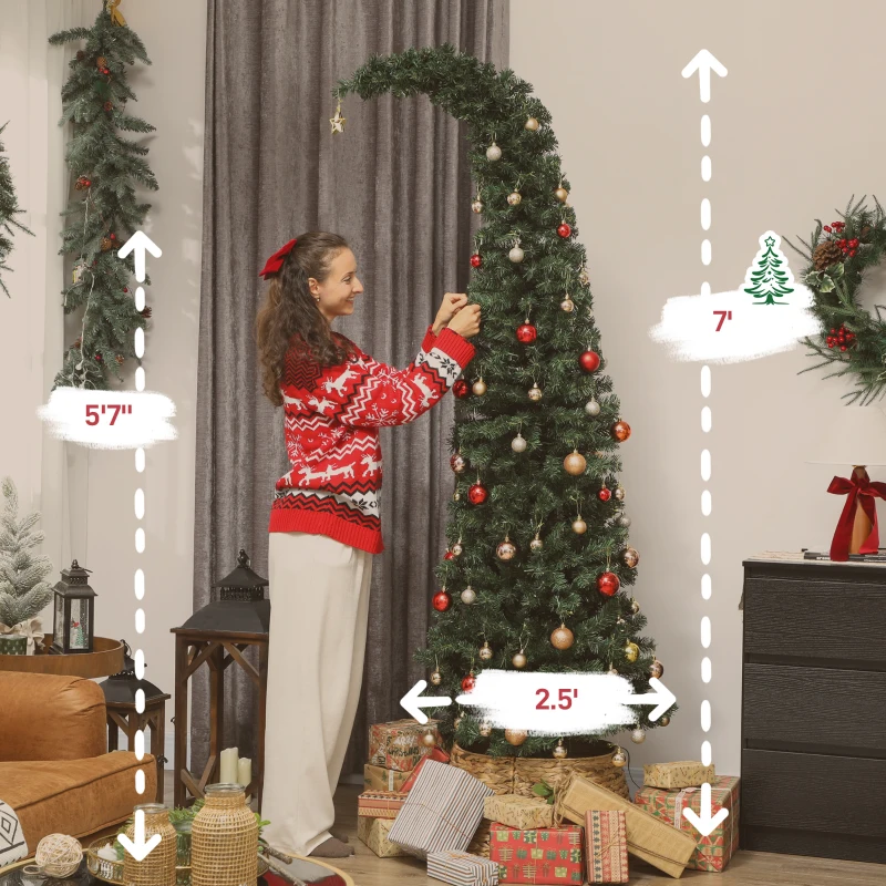 HOMCOM 7 ft Prelit Christmas Tree, Whimsical Xmas Tree Slim High Mountain Fir with 300 LEDs and Metal Stand, Green